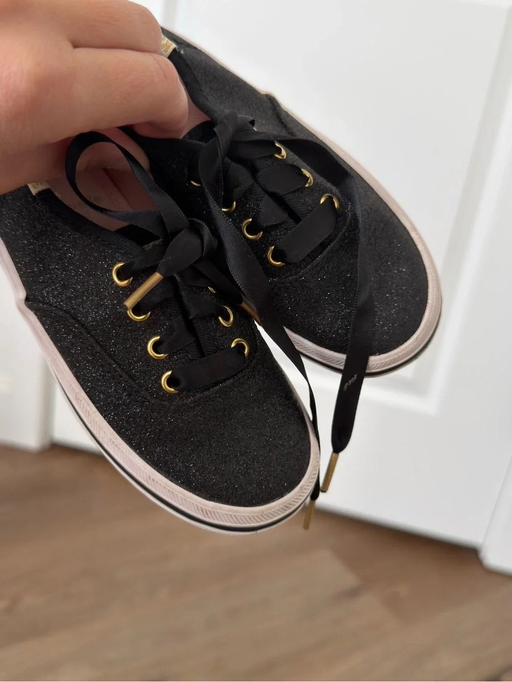 Keds x Kate Spade Black Glitter Sparkly Sneakers Satin Laces Size 9c Toddler